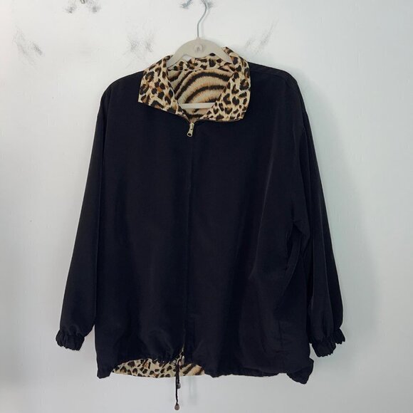 Vintage Womens Tiger Print Reversible Bomber Jacket Sz Large Tan Black Zip Front - Picture 10 of 13
